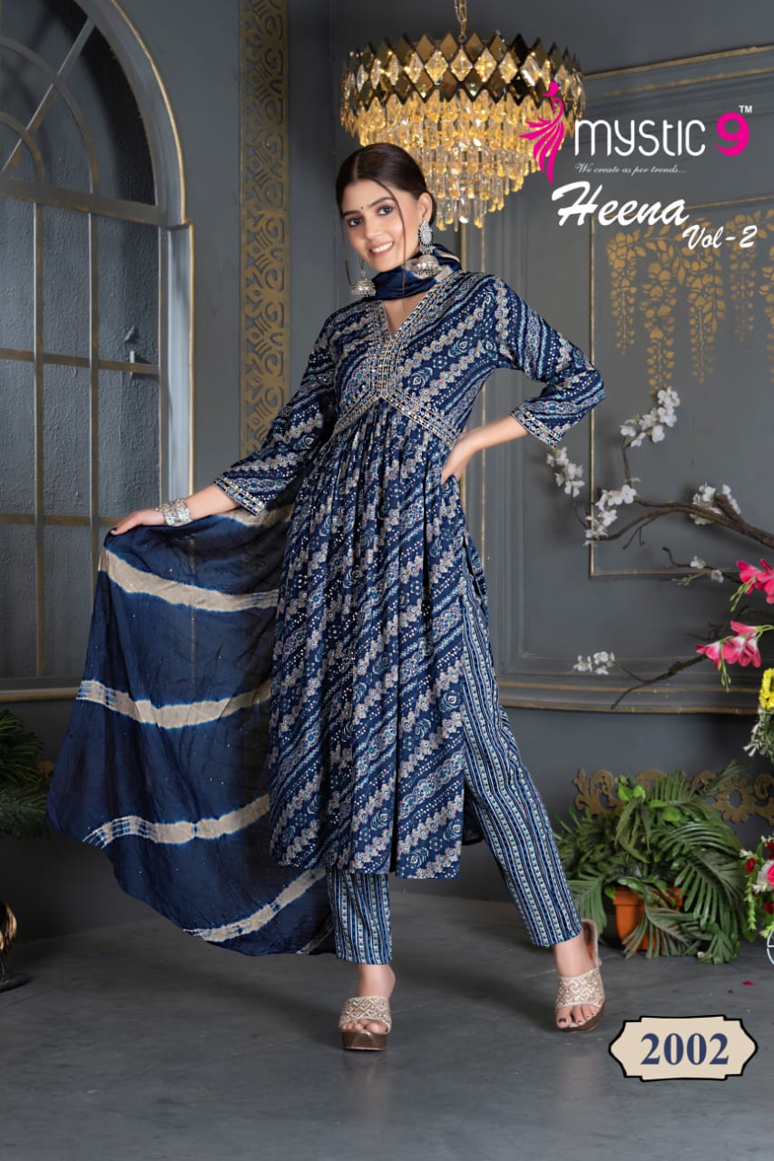 Heena Vol 2 By Mystic 9 Rayon Printed Embroidery Kurti With Bottom Dupatta Wholesale Shop In Surat